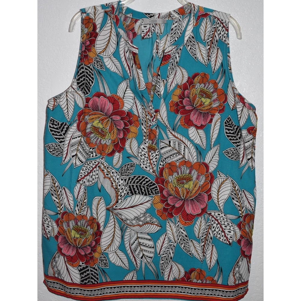 Dalia XL Top Teal Blue Floral‎ Tropical Sleeveless V-Neck Lightweight Blouse